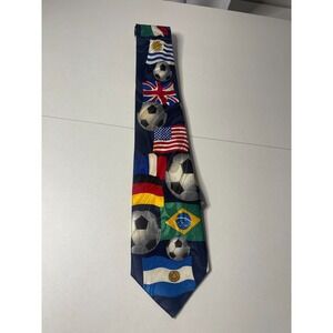 Fratello Hand Made Mens Tie Navy Blue Soccer Flags USA‎ UK France Germany Brazil